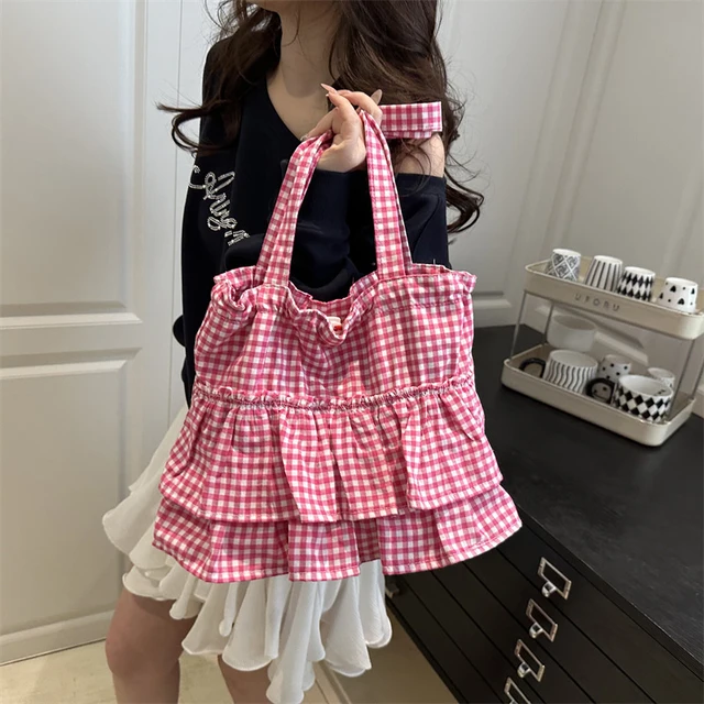 Check Stripe Large Capacity Canvas Bag Fashion Drawstring Skirt Design Simple Totebag Niche Brand Commuter Versatile Shoulde Bag 6