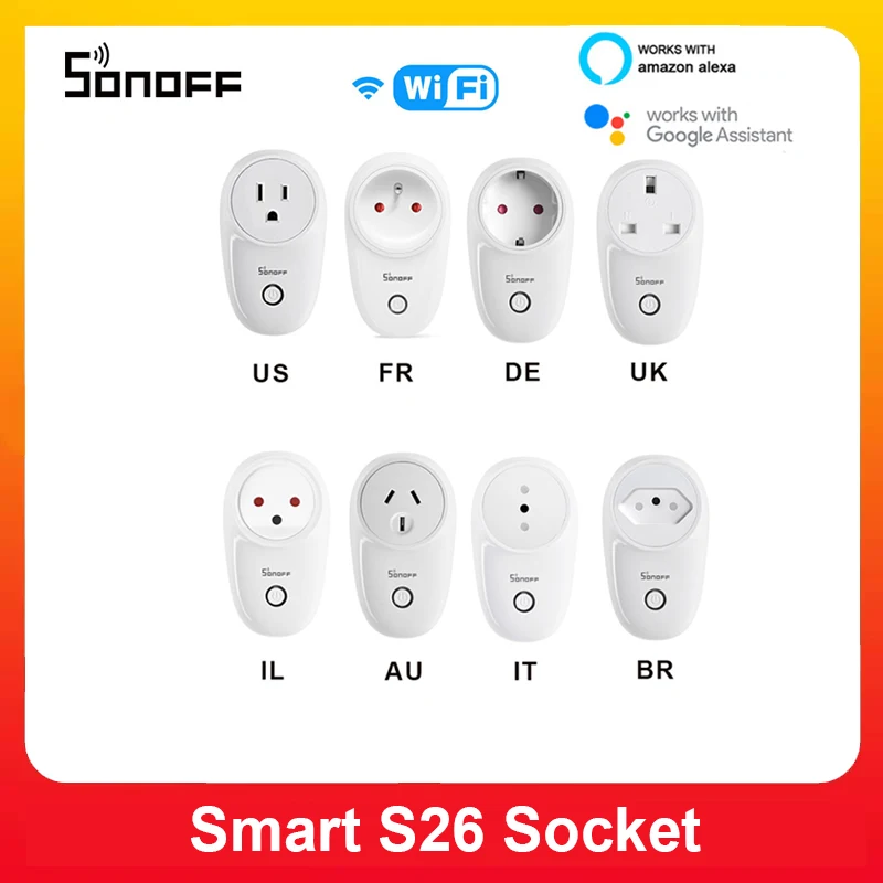 

Умная розетка Sonoff S26 с Wi-Fi, базовые розетки для ЕС, Великобритании, США, Австралии, BR, переключатель для умного дома, работает с Alexa, Google, помощником IFTTT