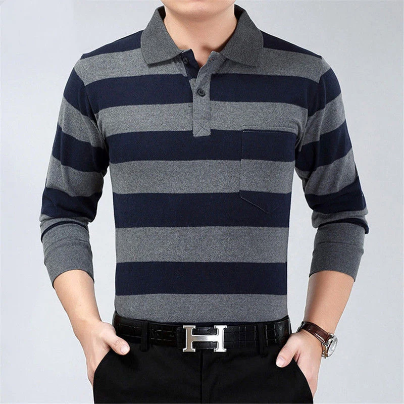 Spring Autumn Stripe Casual Fashion Polo Shirts Men Long Sleeve Loose Casual Tops All Match Pullover Korean Tees Male Clothes