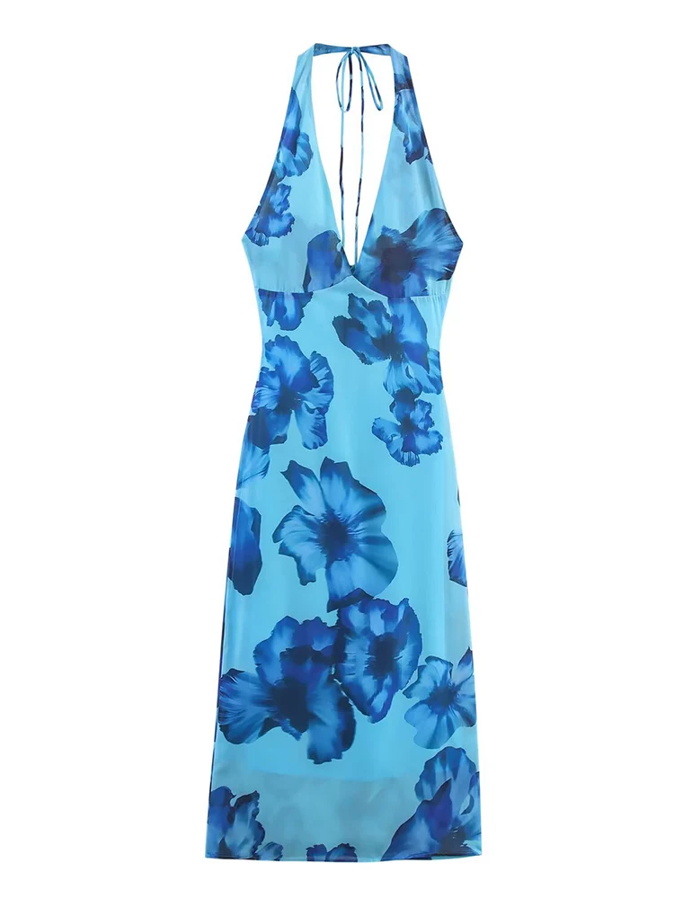 TFMLN Women Halter Dress New Summer Sexy Backless Floral Print V-Neck Dresses Streetwear Fashion Halter Lace-up Dress Clothing