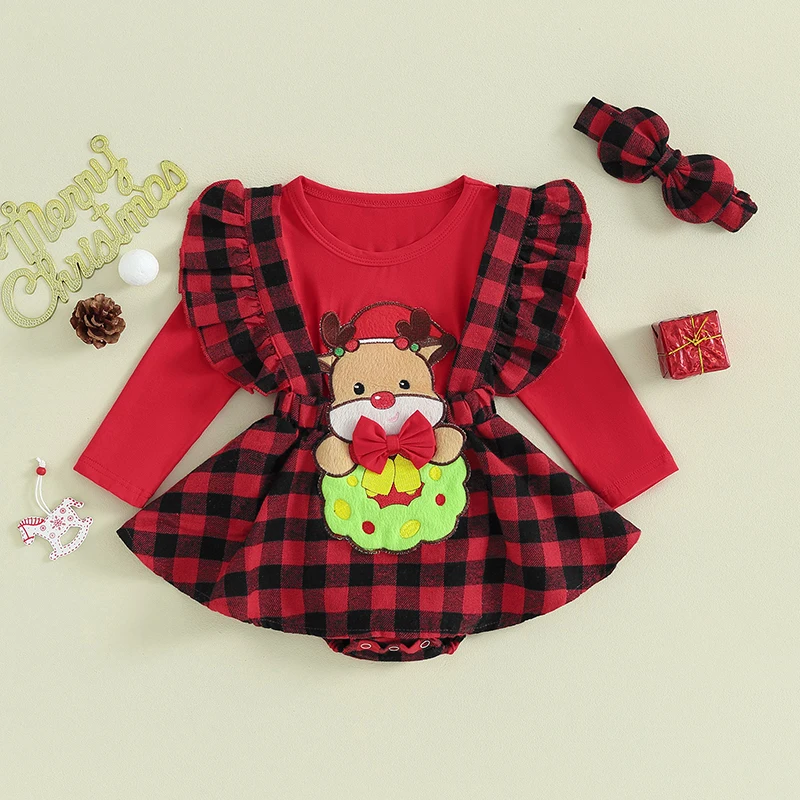 

0-18M Baby Girl 2 Piece Clothing Set Christmas Deer Plaid Long Sleeve Dress and Cute Headband Set for Toddlers