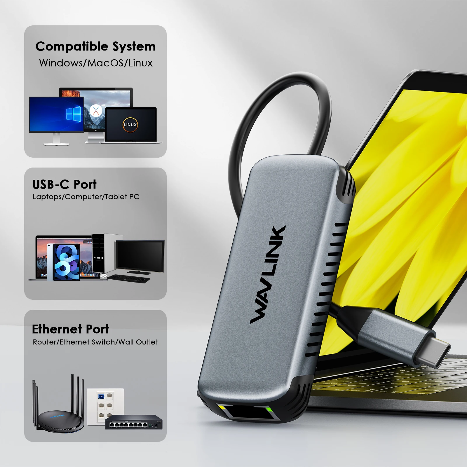 WAVLINK USB C to Ethernet Adapter 2.5G/5Gbps Driver-free RJ45 Gigabit Ethernet for Windows 10/11 Mac OS 11 Later Linux and More 4