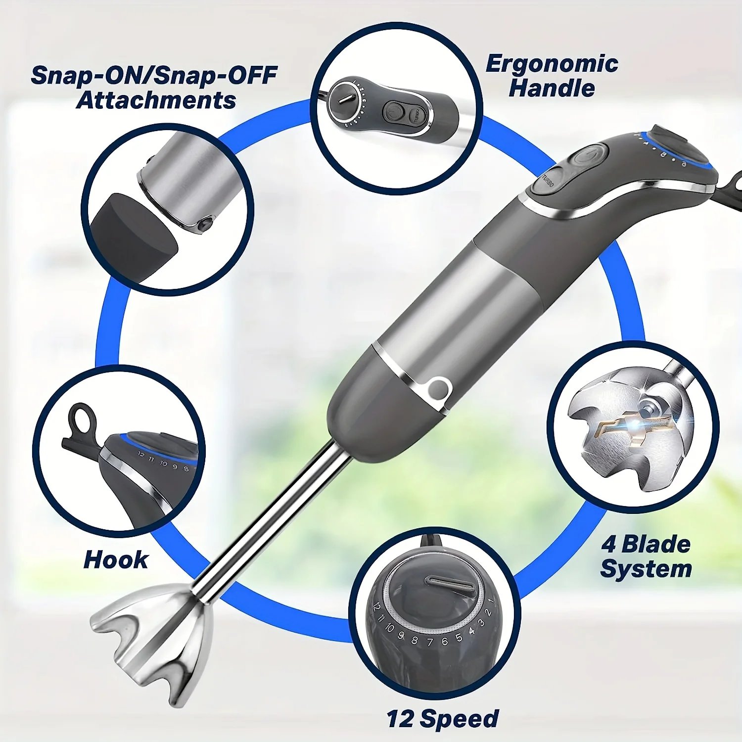 EU Plug Intelligent Rod 800W,12 Speed and Turbo Mode,Heavy-Duty Copper Motor Immersion Mixer,Titanium Steel Blade Manual Mixer