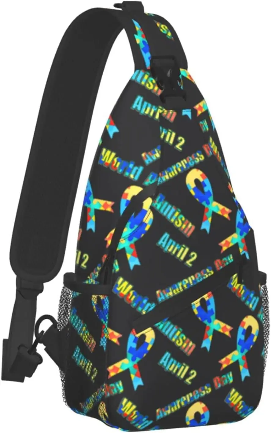 

Casual Sling Backpack Chest Shoulder Colorful Puzzle Autism Awareness Ribbon Black Crossbody Backpack, Unbalance Gym Bag
