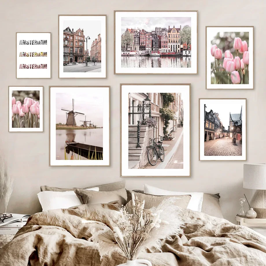 

Amsterdam City View Tulip River Bike Nordic Wall Art Canvas Painting Posters And Prints Pictures For Living Room interior Decor