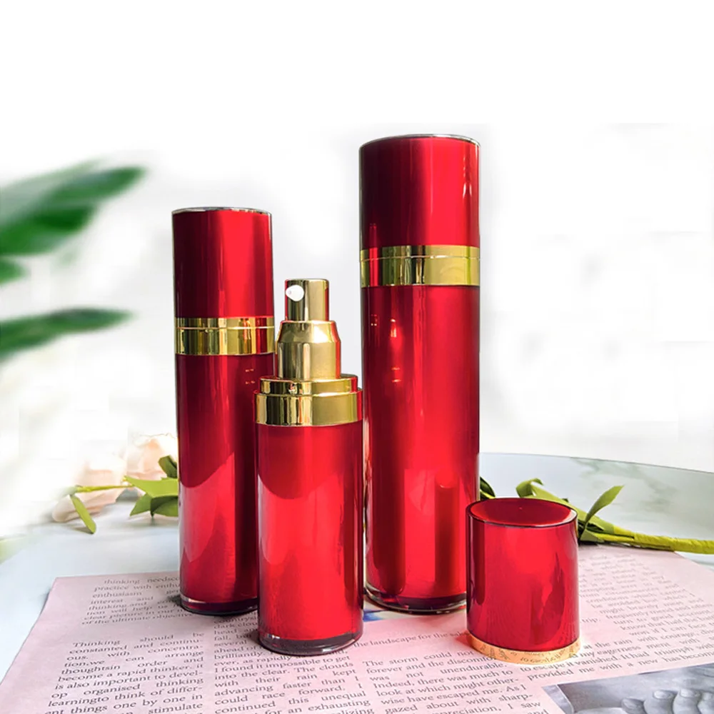 30ml&50ml capacity empty wine red color cylinder shape acrylic material lotion bottle with alumite pump and cap