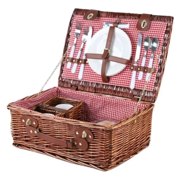 Rural style rattan diagonal cross storage basket, portable picnic basket with cover, outdoor camping picnic basket, blue 3