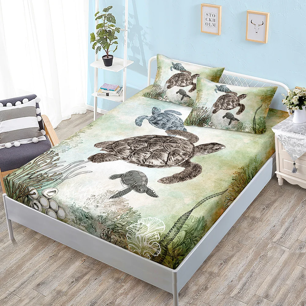 Ocean World Turtle Fitted Sheet Bed Mattress Protector Fashion Bedding Elastic Bed Sheets Kids Twin Full Queen King Bed Cover 4