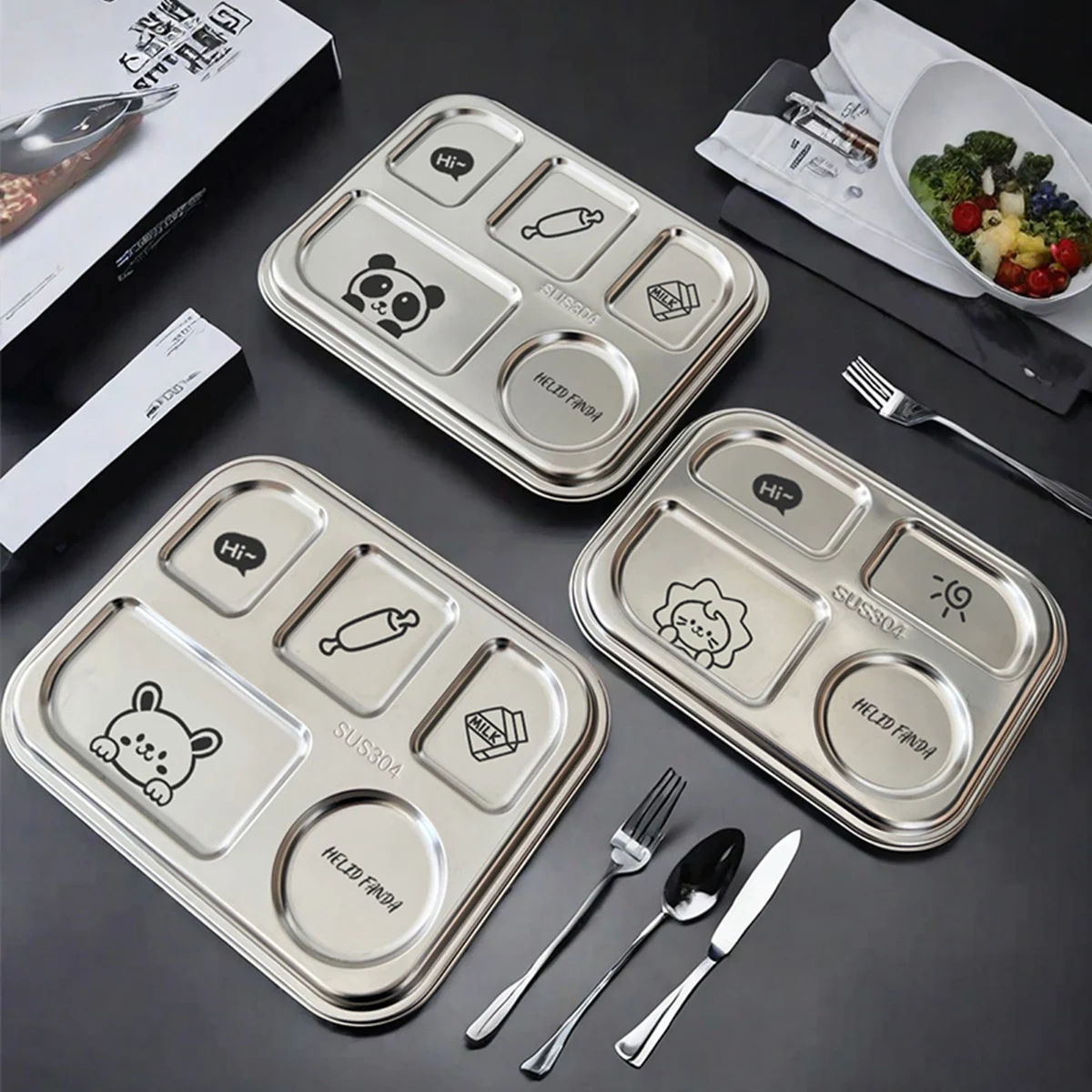 WORTHBUY 4/5-Compartments Dinner Plate For Student 304 Stainless Steel Fast Food Plate Canteen Divided Dinner Tray With Lid