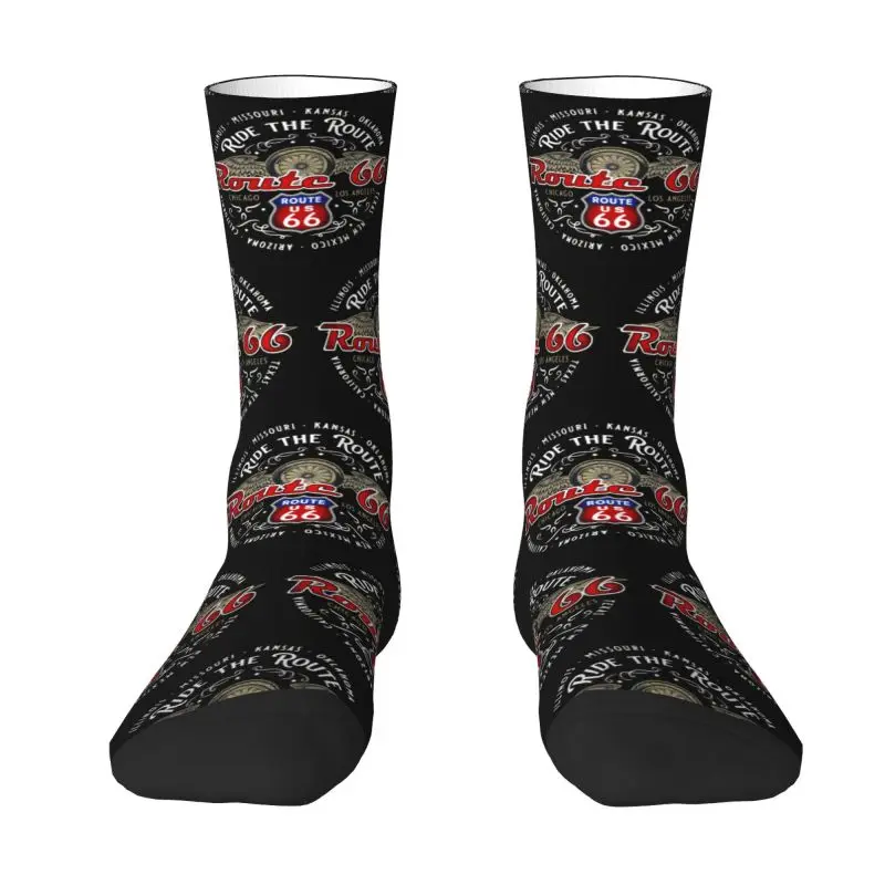 

Ride The Route 66 Men Women Crew Socks Unisex Cute 3D Print Biker Motorcycle Cruise America's Highway Dress Socks