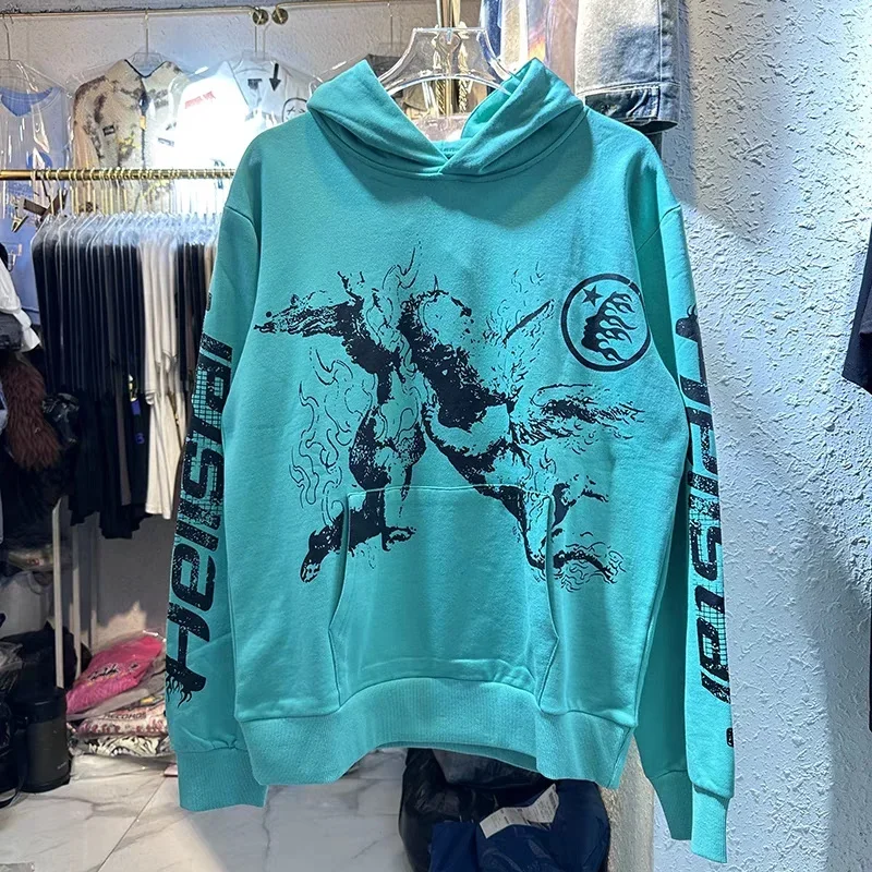 

GYM Hellstar Green Vintage Wash Angel Graffiti Print High Street 1:1 Extra Large Couple Sports Hoodie