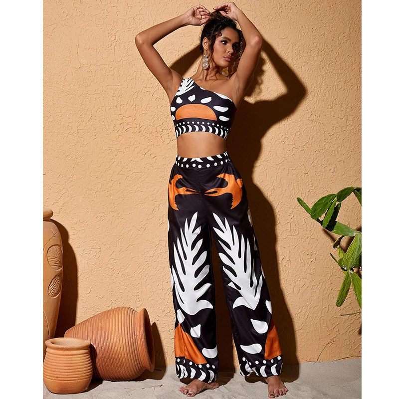 2024 One Shoulder High Waist Bikini Swimsuit and Pants Summer Swimwear Women Beachwear