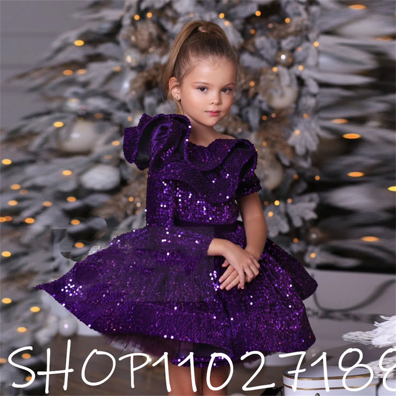 

Charming Zipper Back Sequin Royal Blue Girls Pageant Dress Kids One Shoulder Ruffles 2023 New Winter Christmas Dress