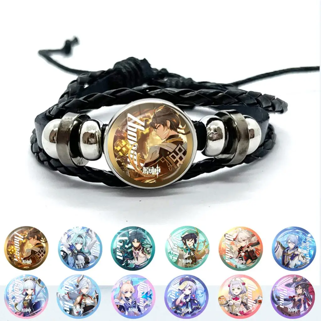 Game Genshin Impact Bracelet Cartoon Anime Zhongli Hutao Tartaglia Cosplay Jewelry Multilayer Snap Button Leather Bangles