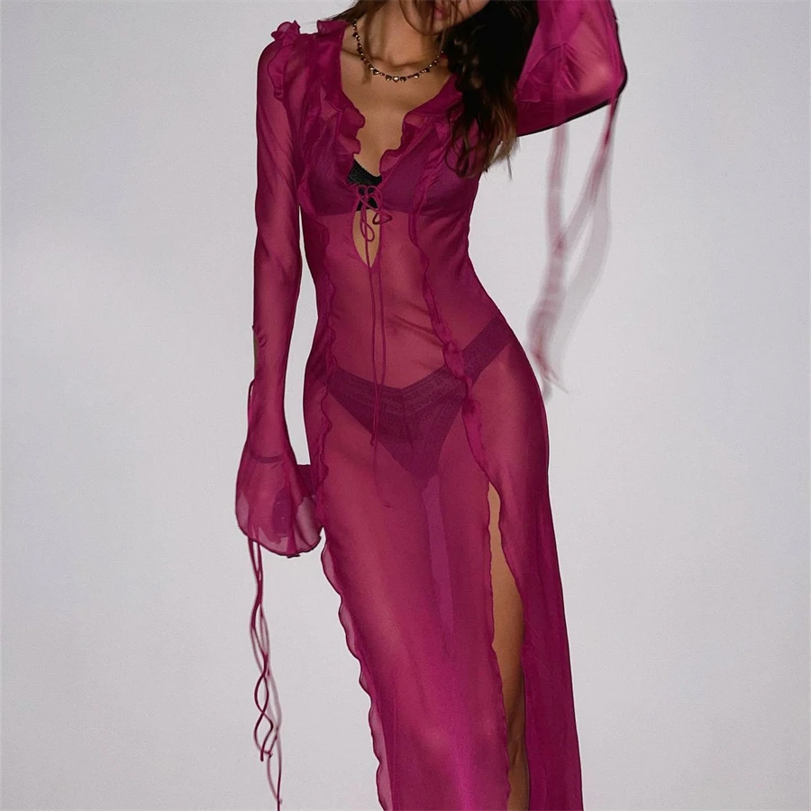 See-through Ruffles V Neck Tie-Up Beach Long Dress Summer Sexy Bikini Cover-Ups Long Sleeve High Split Hem Mesh Dress