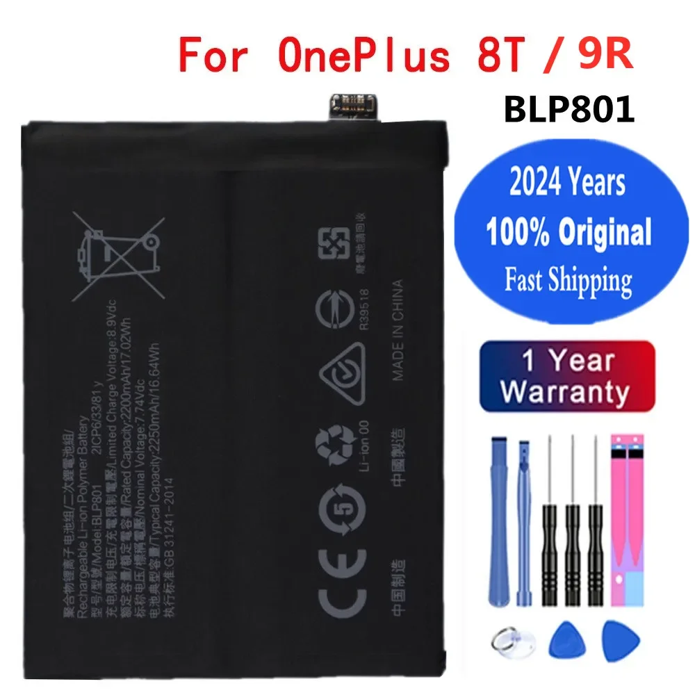 

2024 год, 100% оригинальный аккумулятор BLP801 для OPPO OnePlus 8T 9R One Plus 9R 8T 4500 мАч, Сменный аккумулятор для телефона + Инструменты