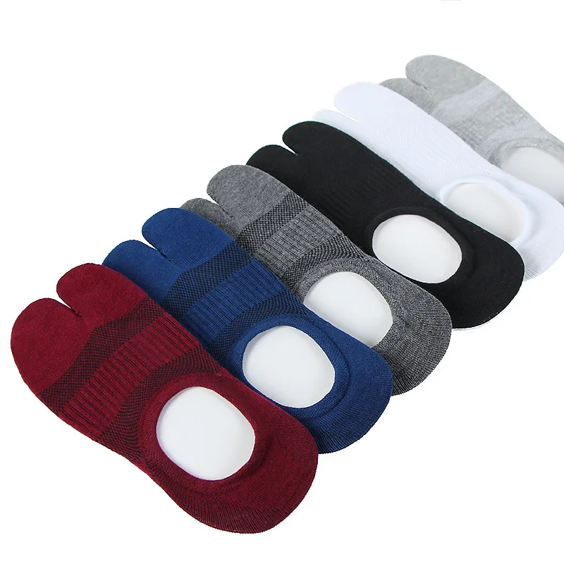 5 Pairs Low Cut Man Invisible Two Toe Socks Combed Cotton No Show Tabi Socks Solid Non Slip Athletic Hidden Liner for Sneakers
