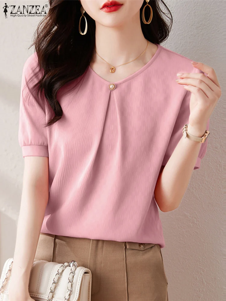 

Модная офисная блузка ZANZEA, элегантная женская летняя повседневная Однотонная рубашка с коротким рукавом, женские блузы, свободные топы, туника