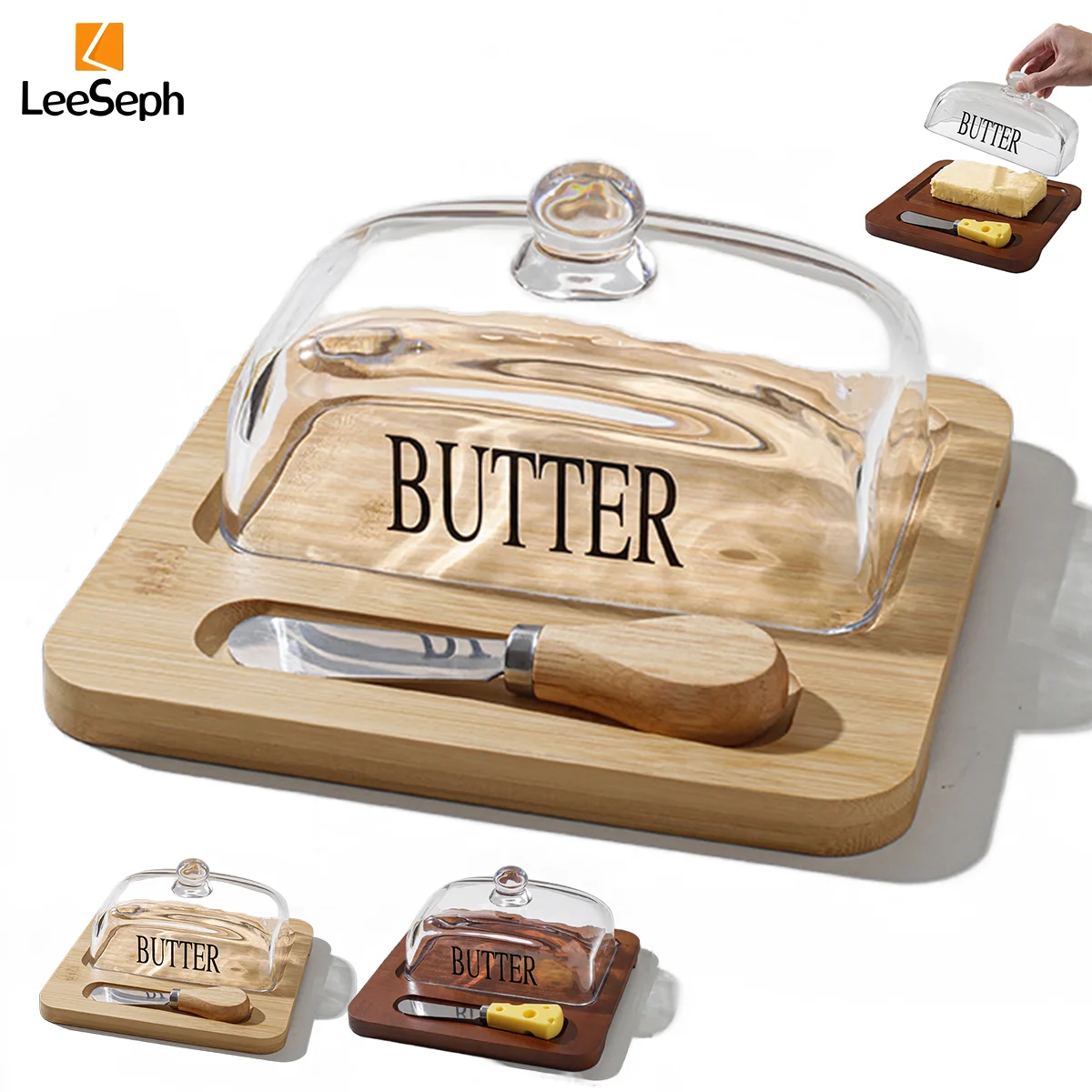 Leeseph Bamboo Butter Dish with Glass Lid and Cutter Reusable Butter Storage Dish Case Container Kitchen Tool butter storage box