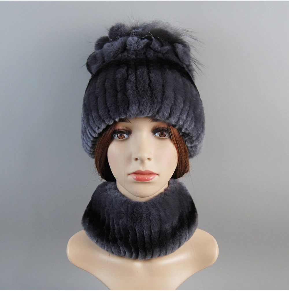 Real Rex Rabbit Fur Hat And Scarf Set Women Winter Knitted Beanie Hat Natural Fur Skullies Beanies Woman Hat Female Cap Elastic