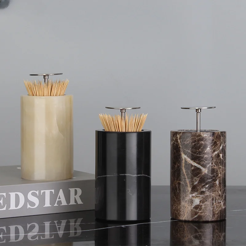 

Marble Toothpick Boxes Portable Round Cotton Swab Storage Jars Household Squeeze Type Toothpick Storage Containers Decoration