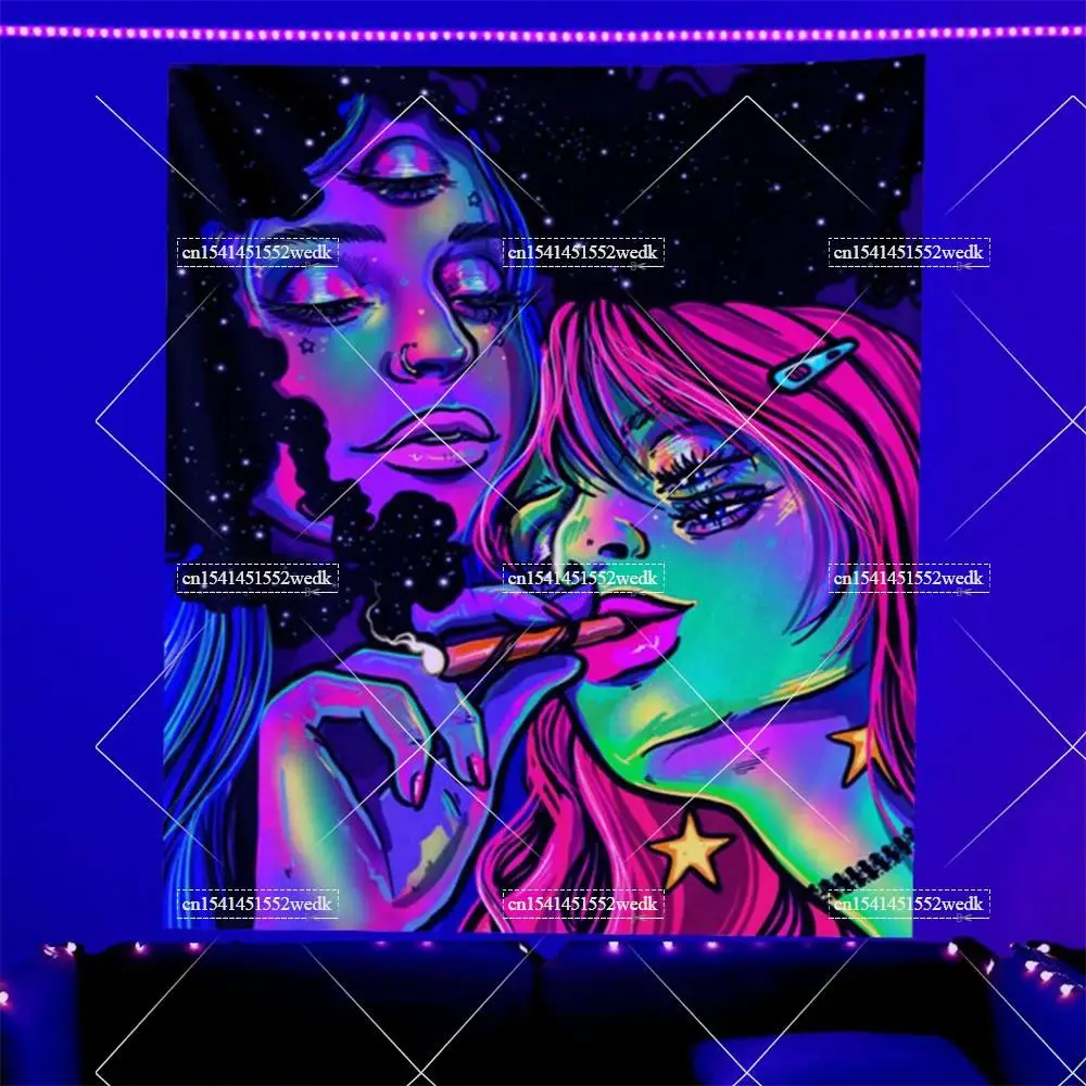 Tapestry Decorations Trippy Girl Blacklight Tapestry UV Reactive Wall Hanging Living Room Decor Decoration Smoking Tapestries Aesthetic Sofa Blankets