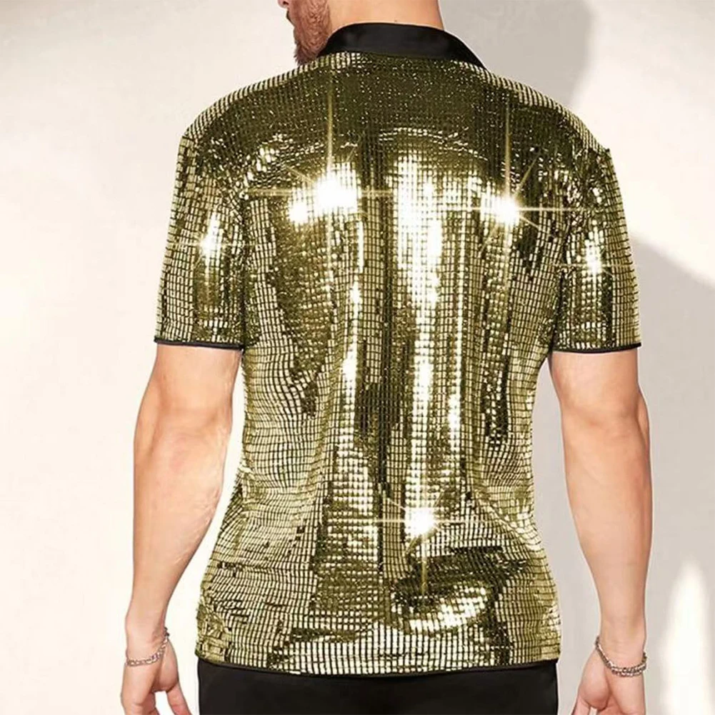 Herren Vintage 70er Disco Club Hemd Glänzende Pailletten Kurzarm Button-Down-Hemd – Detail 7