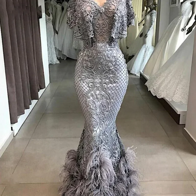 Designer Silver Grey Luxury Evening Dresses Mermaid Beading Slim LA6649 main image 1