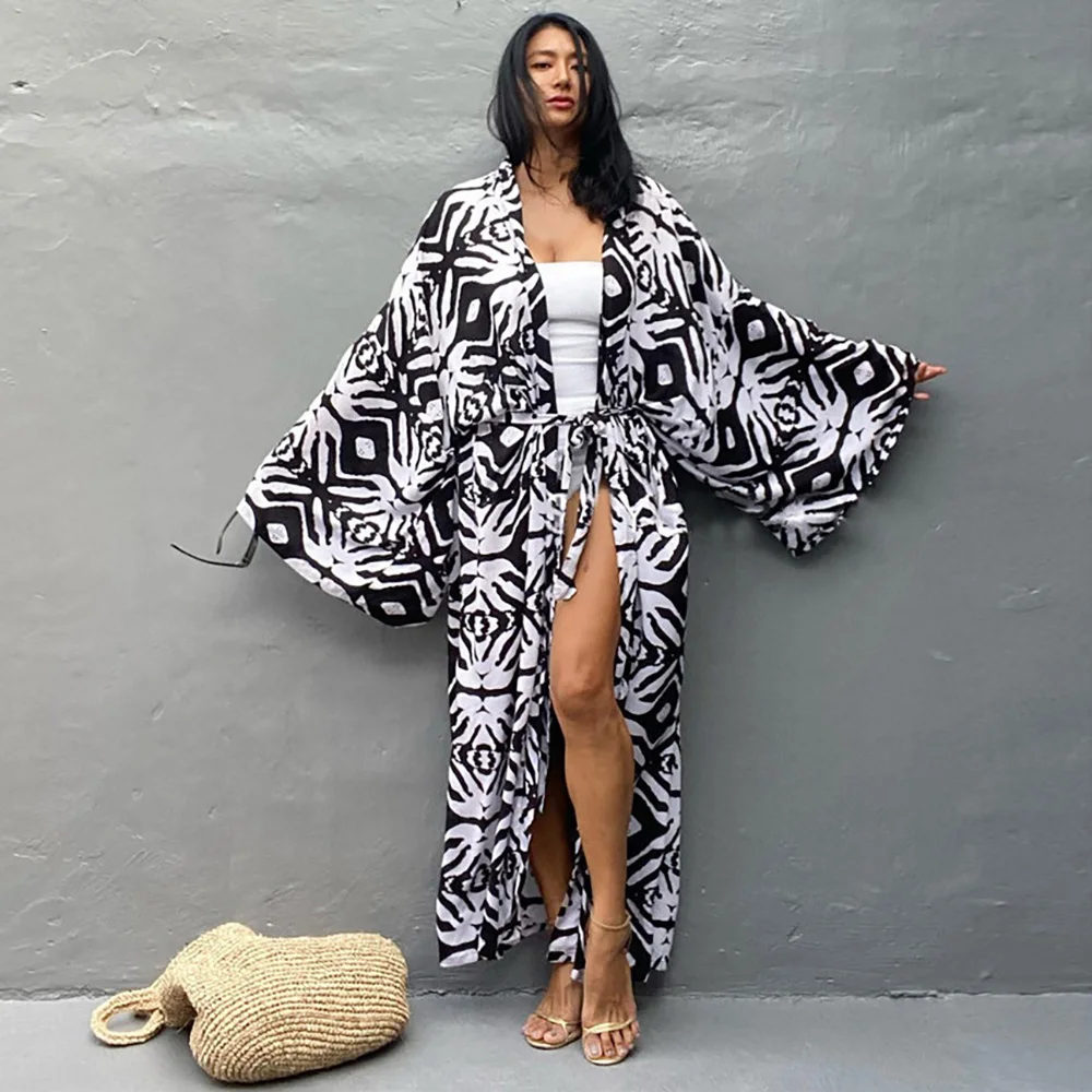 

2023 Kimono Printed Cardigan Self Belted Long Sleeve Dress Tunic Bath Outlet Saida De Praia Women Beach Wear Swimsuit Cover Up