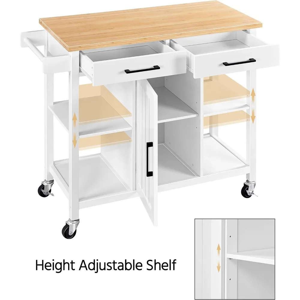 Kitchen Island Cart with Bamboo Countertop Rolling Kitchen Storage Trolley with 2 Drawers and Adjustable Shelves