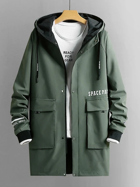 Plus Size Men's Long Trench Coat 2021 New Streetwear Fashion Printed Black Green Windbreaker Men Hooded Casual Jacket 8XL 4