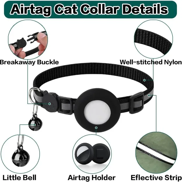 Cute Cat Collar Airtag Breakaway Reflective Kitten Collar with Bell for Apple Air Tag Holder Bell Nylon Silicone Collar for Cats 6