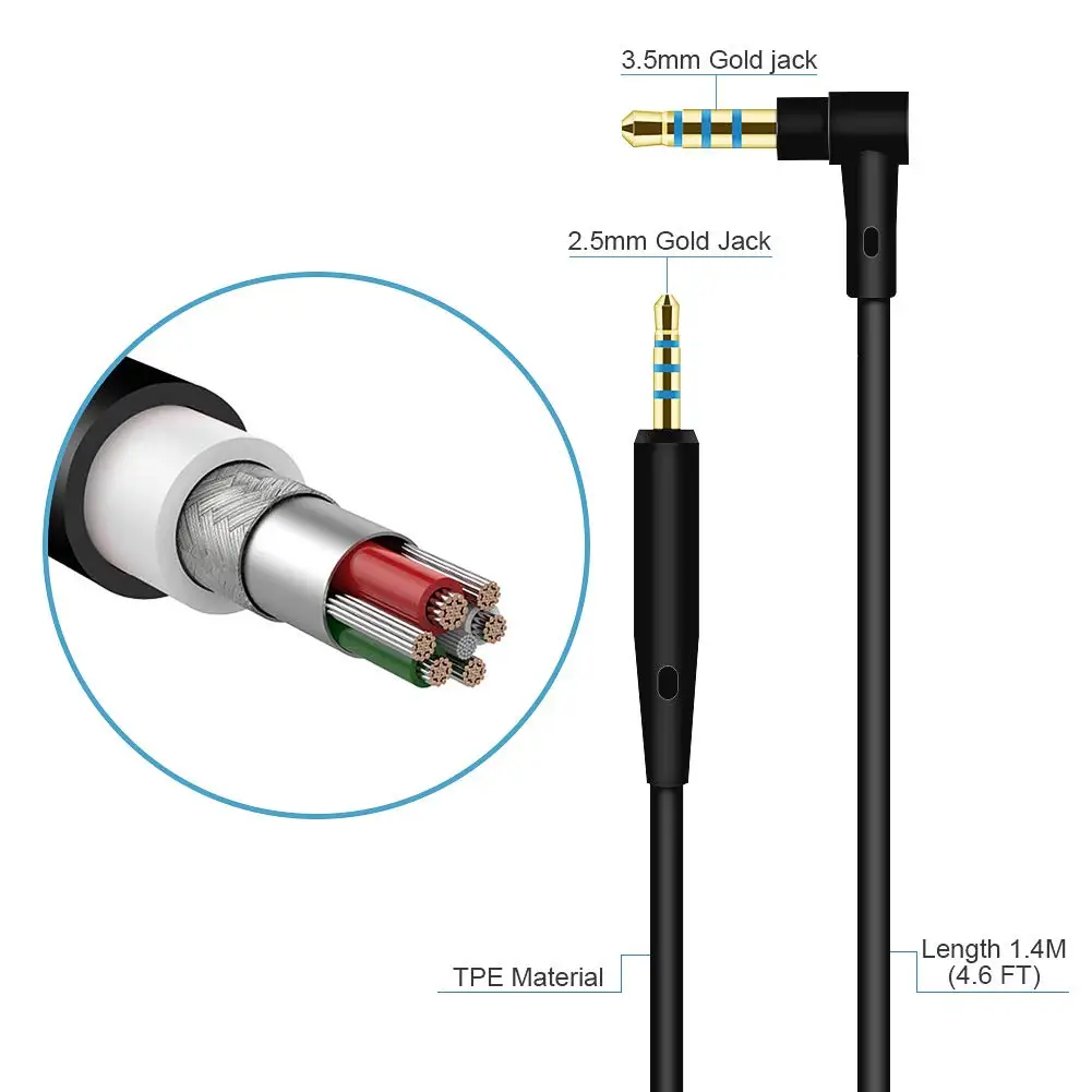 OFC Replacement Cable Extension Cord for Audio-Technica ATH-ANC27 ATH-ANC27X ATH-ANC700BT ATH-ANC900BT Headphone