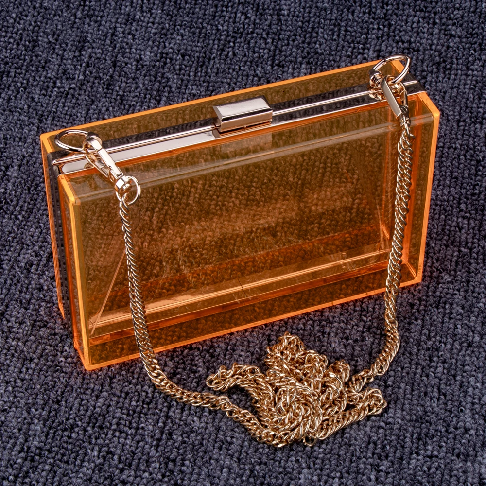 Women Acrylic Clear Clutch Transparent Crossbody Purse Evening Bag Sport Events Stadium Approved Chain Strap Gold/Silver