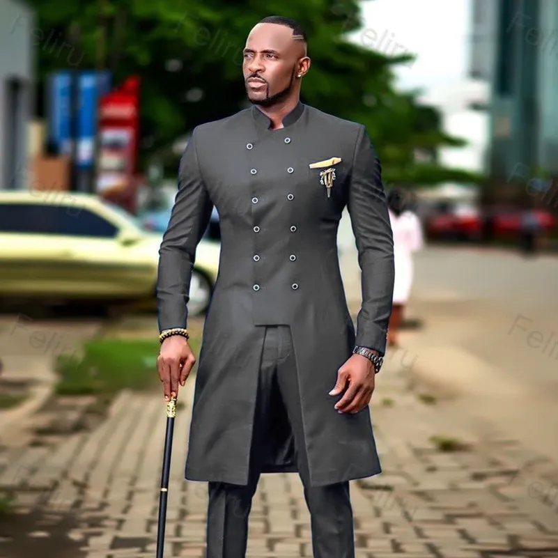 2024 Classic Dark Grey Men's Suit Slim Fit Wedding Suits For Men Groom Tuxedo African Wedding Double Breasted Best Man Blazer