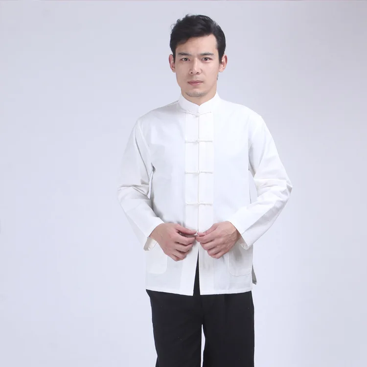 Vintage Hanfu Jacket Coat Men Long Sleeve Hand Button Cheongsam Kong Fu Clothes Zen Tops Chinese Stand Collar Tang Cloth