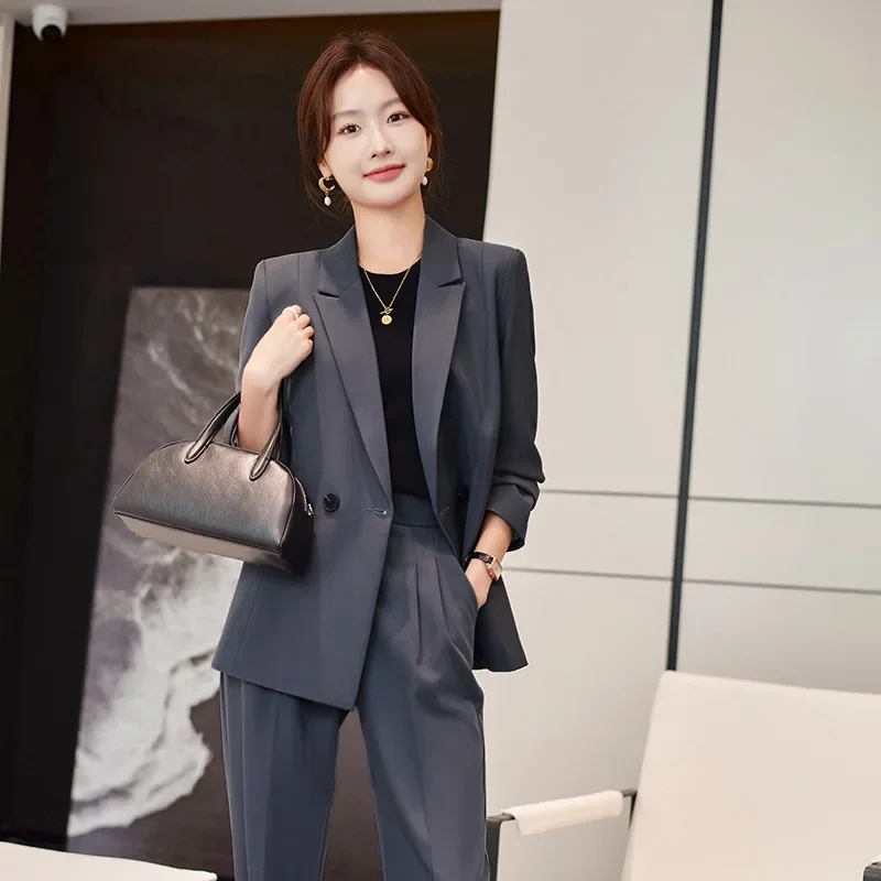 

Insozkdg Spring Autumn Retro Cropped Blazer Mopping Wide-Leg Pants Sets Commuter Solid Waist Waist Blazer Trousers Two-piece Set