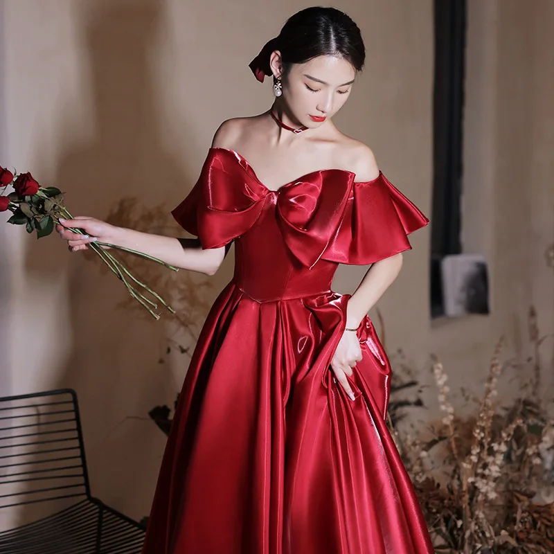 New red bowknot long sweat lady girl bridesmaid dress prom performance dress