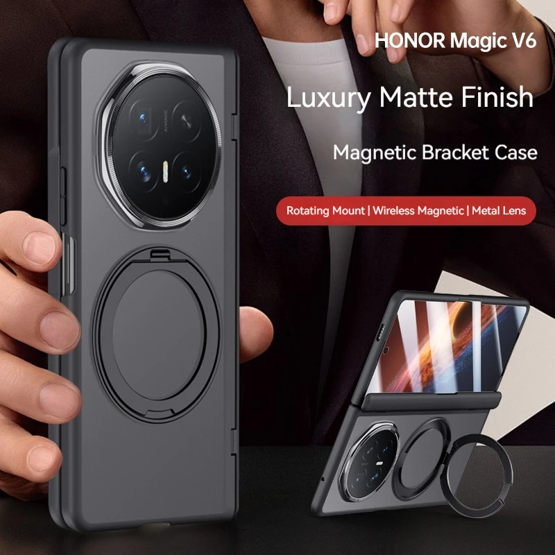 Frosted Transparent Magnetic Phone Case with Metal Rotating Bracket and Tempered Glass Protection