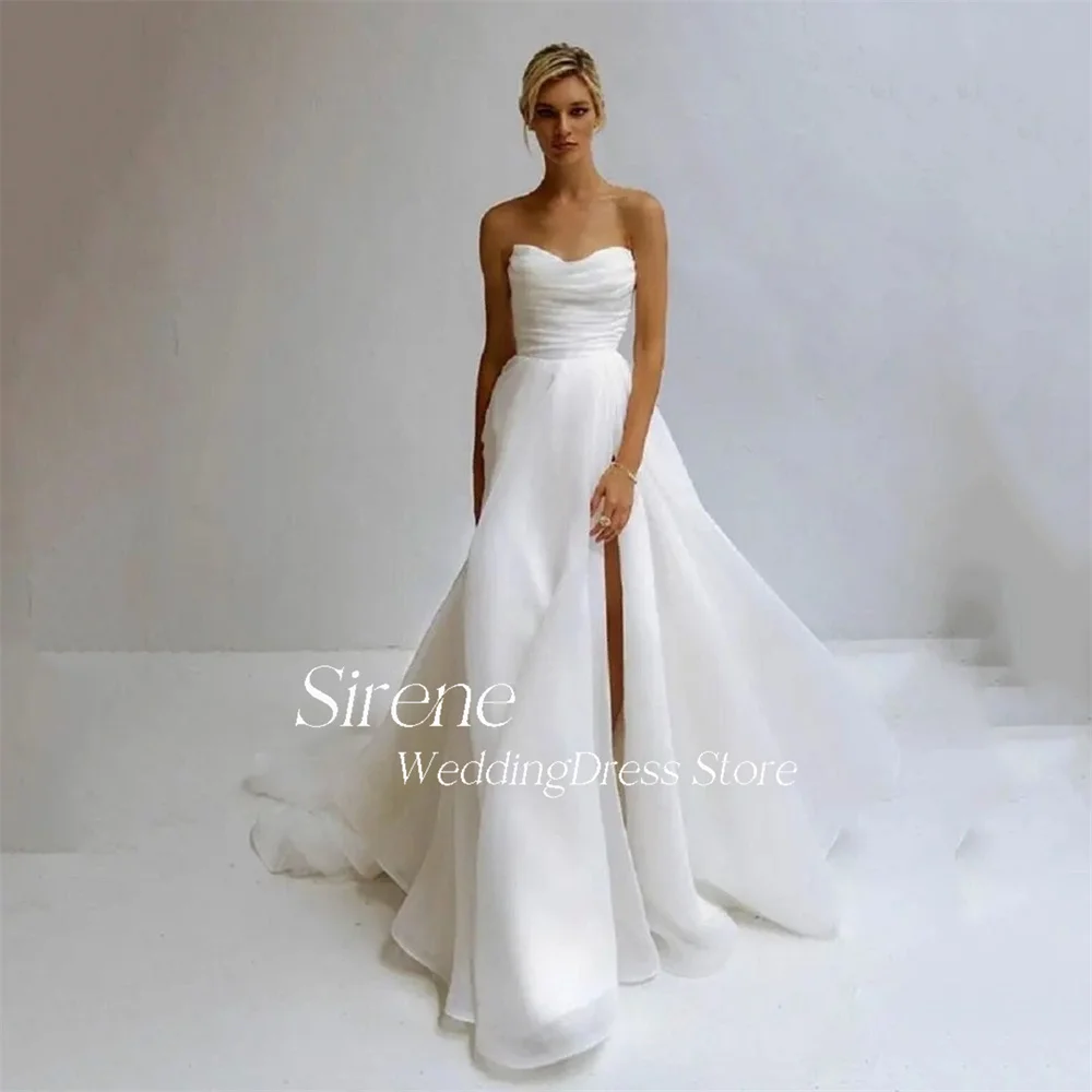 Sirene Simple Sweetheart High Side Slit Pleated Tulle Weeding Dress Sexy A-Line Sleeveless Floor Length Backless Bride Gown 2024