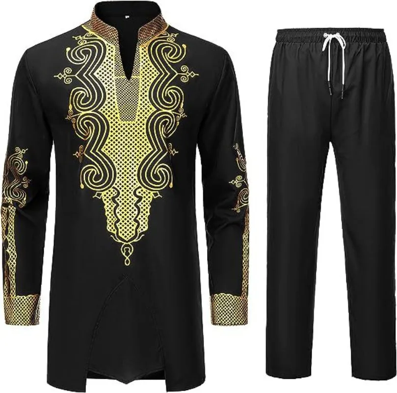 

Men's African Men's Suit Bronzing Top and Trousers 2-Piece Set islamic clothing men muslim men clothing caftano arabic