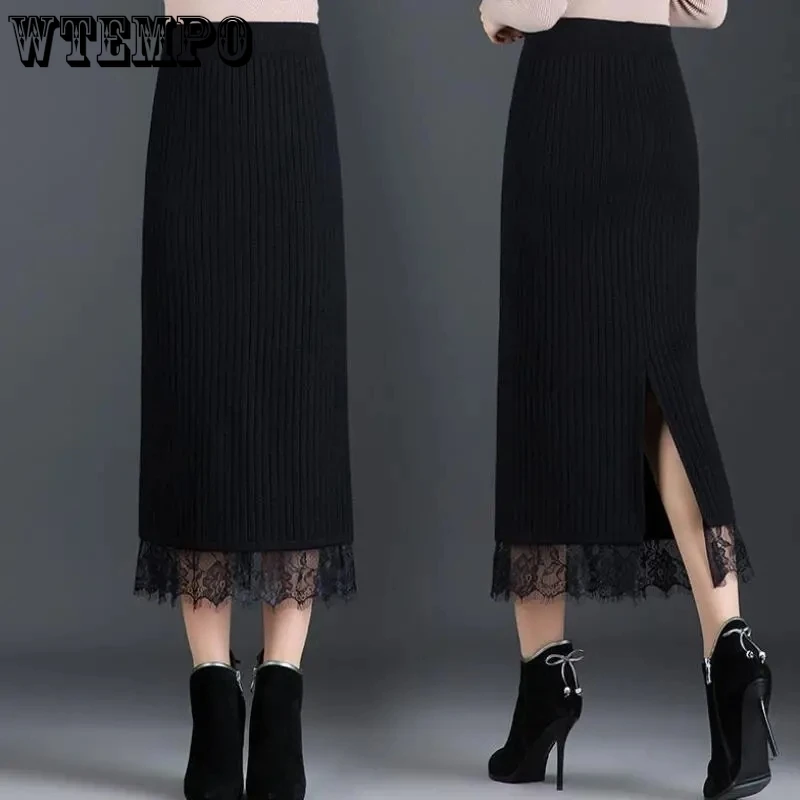

WTEMPO Black Lace Knitted Skirt Women Fall Winter New Elastic High Waist Mid-length Split Skirts Leisure Thickened Woolen Skirts