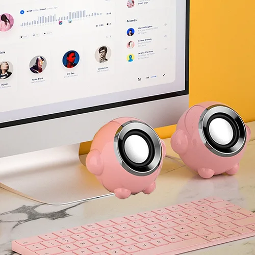 핑크 컴퓨터 스피커 PC 노트북 스피커 USB 3.5mm 유선 음악 재생 하이파이 스테레오, 탁상 PC 노트북 마이크 포함 4