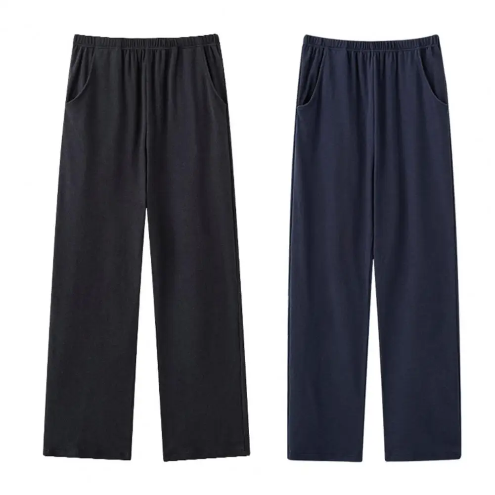 

Solid Color Men Sleep Pants Men's Winter Pajama Pants with Elastic Mid Waist Solid Color Thin Pockets Wide Leg for Comfortable