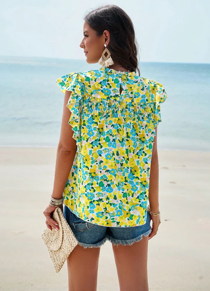 Women Mock Neck Blouse Sleeveless Casual Loose Pullover Shirt Boho Style Floral Printing Ruffled Tunic Tops