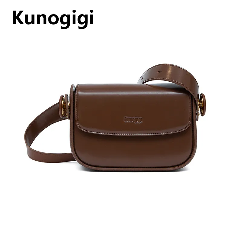 kunogage-女性用水平サドルバッグ、小さな正方形のクロスボディバッグ、茶色のキーパッド、秋と冬