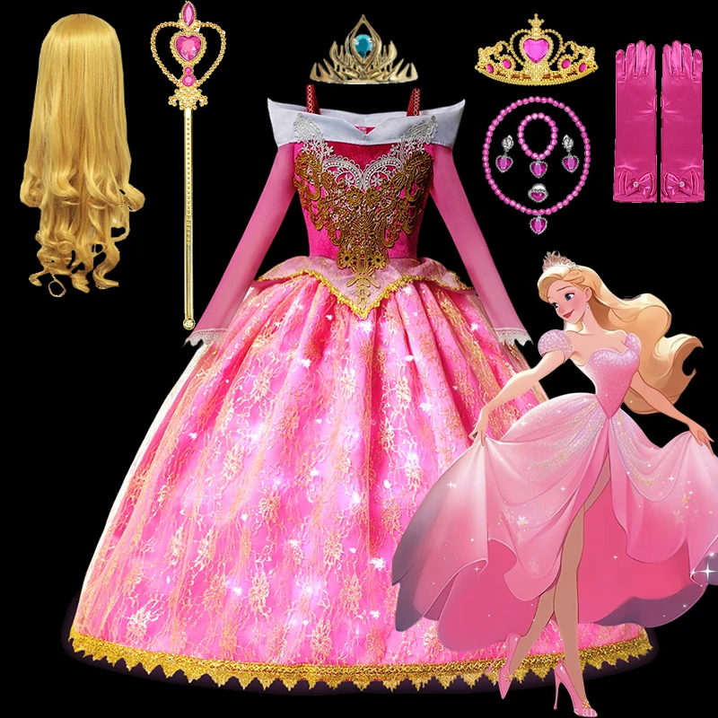 

Disney Girls LED Light Up Sleeping Beauty Princess Dress Aurora Cosplay Costumes Kids Halloween Costume Bithday Party Clothings