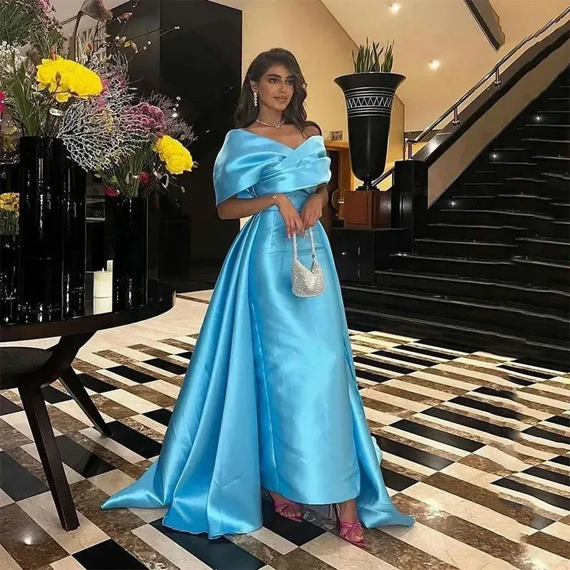 

Evening Dress 2024 Off The Shoulder Elegant Blue Sheath Pleats Satin Prom Formal Party Gowns Arabic Dubai Formal Dresses
