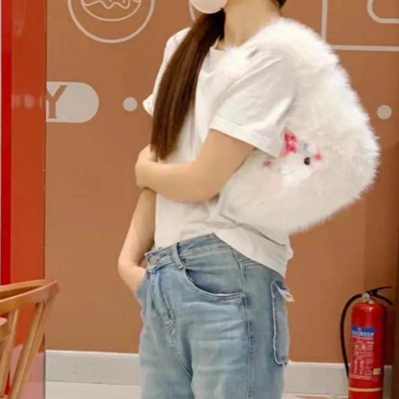 JIAERDI Harajuku Aesthetic White Hand Bag Wallet Women Plush Chic Handle Casual Crossbody Bags Female Sweet Cute Y2k Handbag New