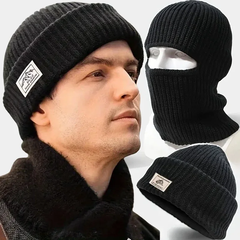 2In1 Mask Beanies Hat Kintted Thicken Winter Ski Balaclava Full Face Mask Thermal Windproof Coldproof Running Earmuffs Hat